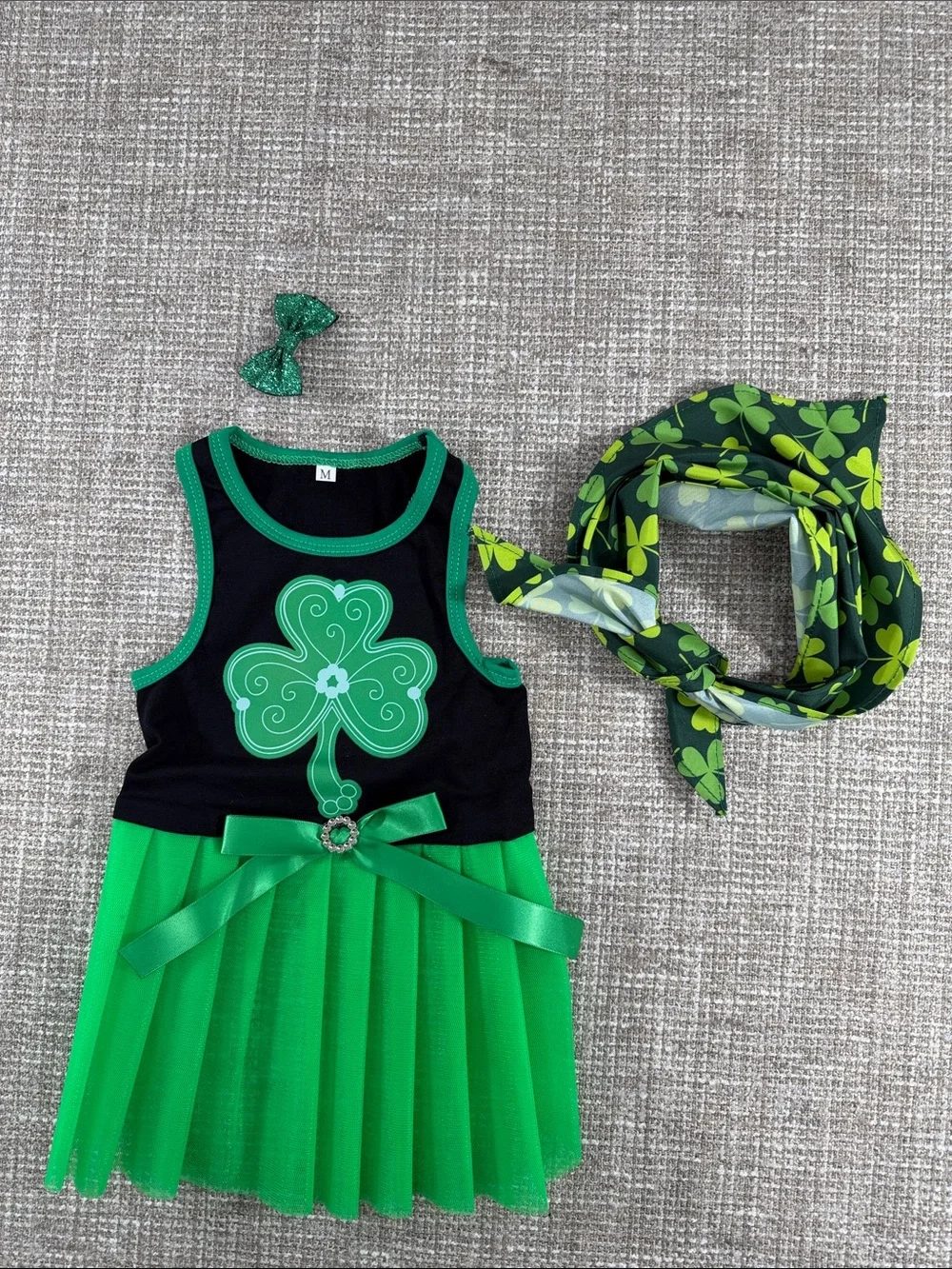 Green Shamrock Tutu Dress Costume with Headscarf -dogs medium